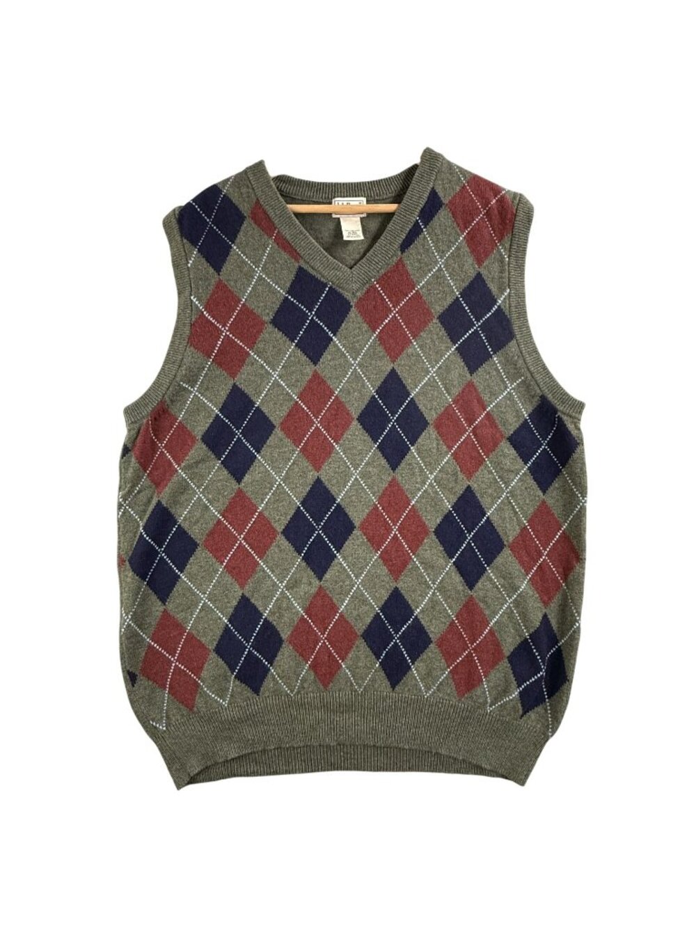 Vintage L.L. Bean Sweater Vest Men XL Green Argyle V Neck Lambswool Knit Preppy